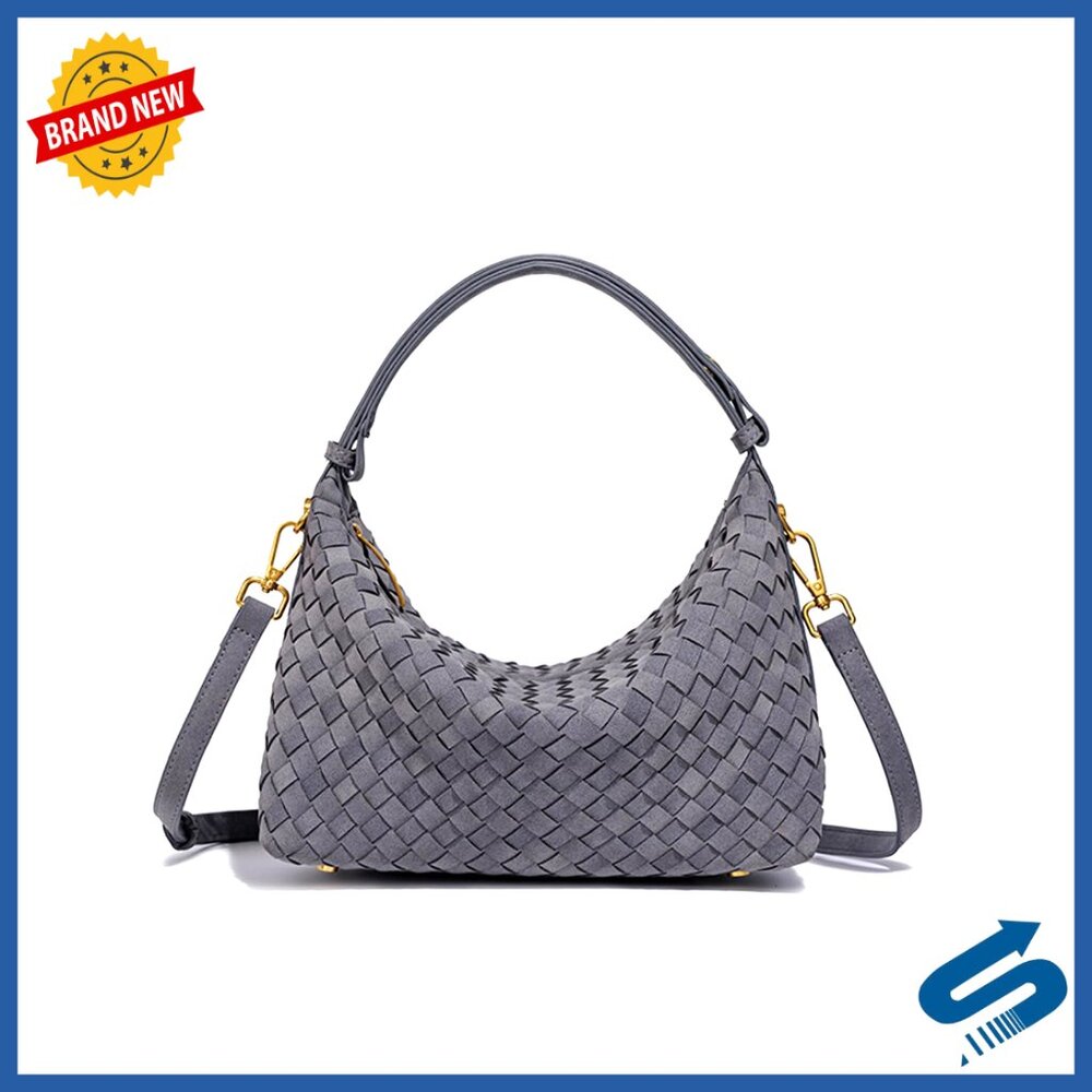 Woven Suede Hobo Bag Slouchy Crescent Crossbody Purse Tote Elegant Chic